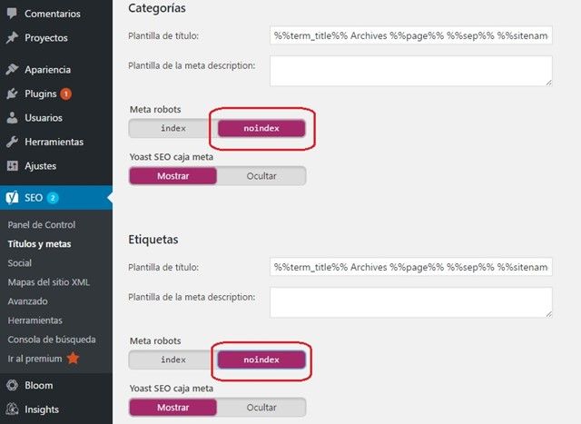 No indexar páginas de categorías y etiquetas.